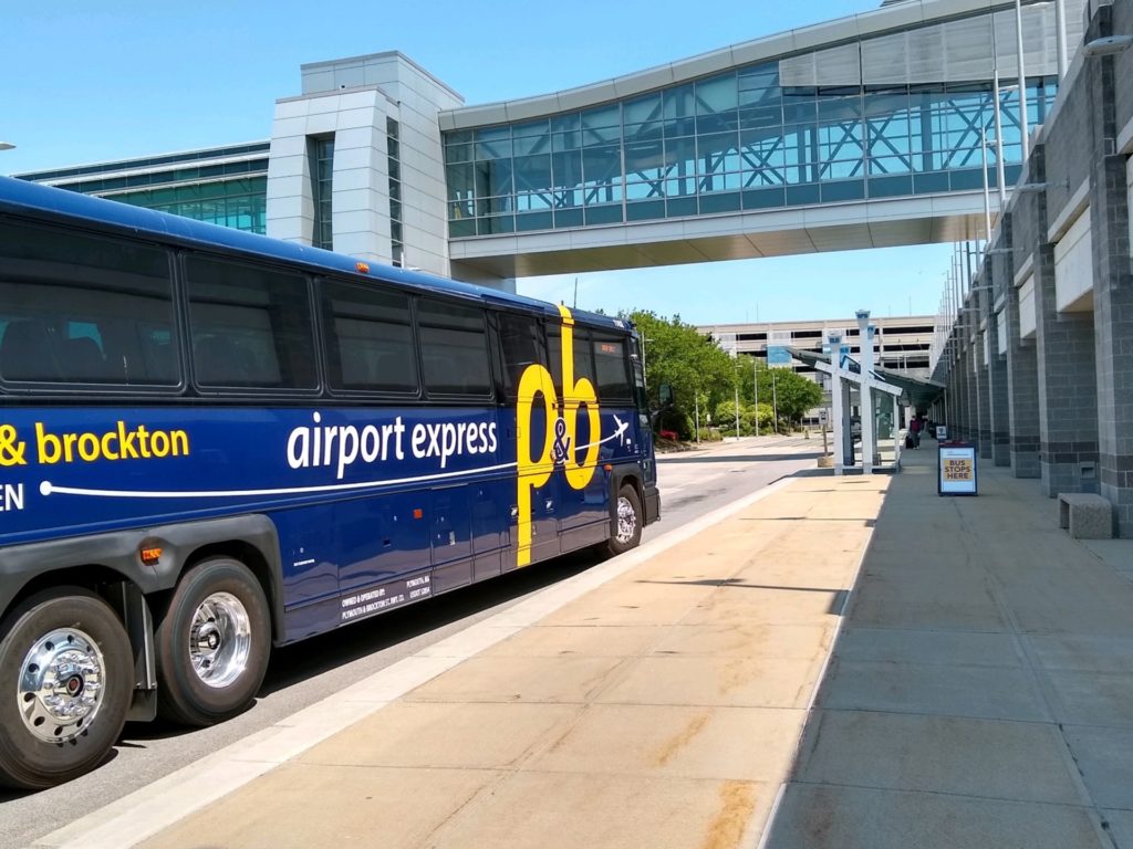 P&B Airport Express bus pulling into TF Green on our Hyannis to TF Green and TF Green to Hyannis bus route