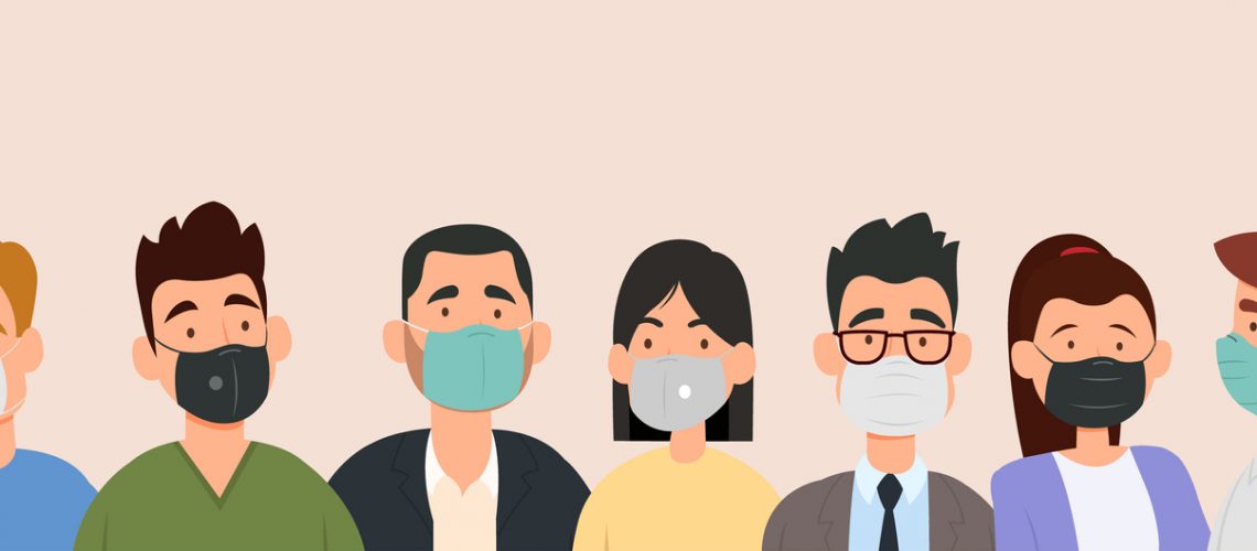 Group of people wearing medical masks to prevent disease, flu, air pollution, contaminated air, world pollution. Vector illustration in a flat style